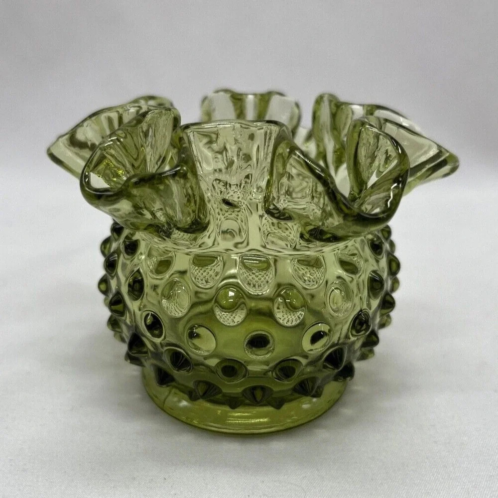 Fenton Glass Avocado Green Transparent Hobnail Vintage Ruffled Edge Vase